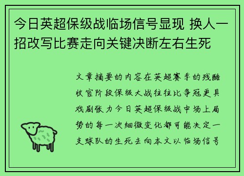 今日英超保级战临场信号显现 换人一招改写比赛走向关键决断左右生死 今日英超保级战临场信号显现 换人一招改写比赛走向关键决断左右生死